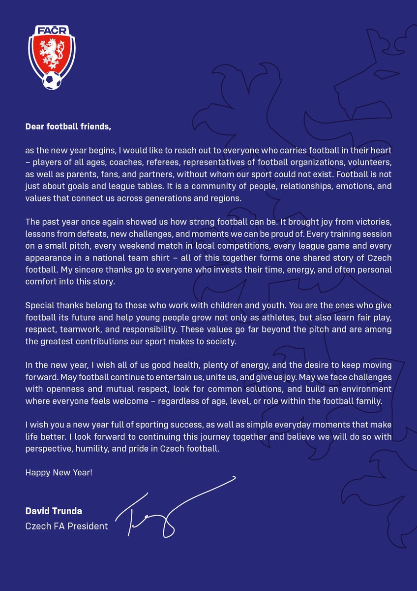 New Year's wishes from David Trunda, the Czech Football Association President.   

🔜2⃣0⃣2⃣6⃣