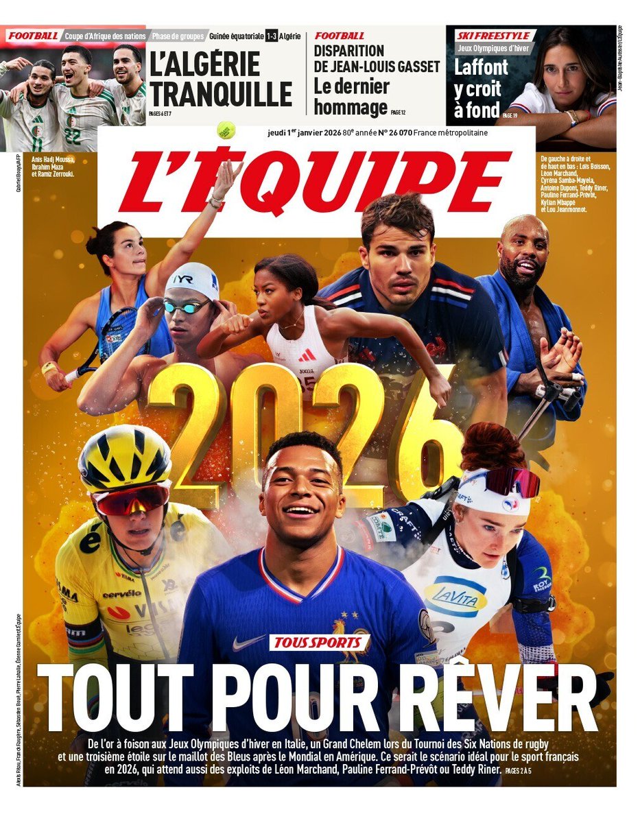 lequipe's tweet image. Voici la une du journal L'Equipe du 1er janvier 2026
➡️ l.lequipe.fr/m5e