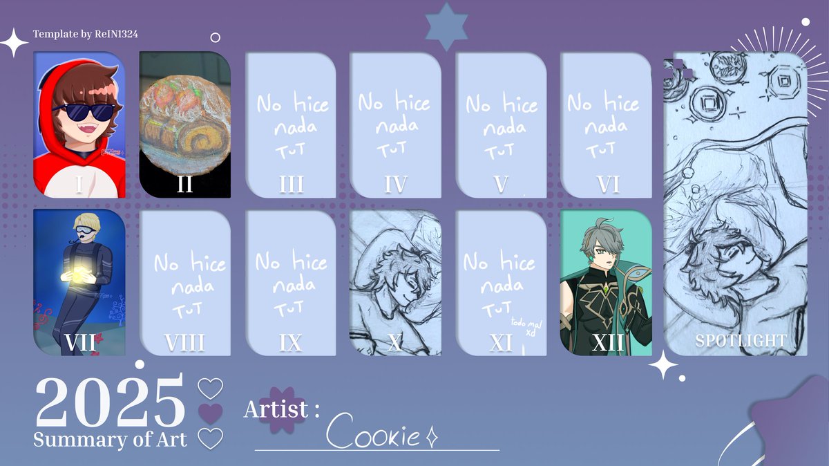17Cookiegamer's tweet image. 2025 Art Summary 🎨🖌

Chales, no hice casi nada qvq 
Pero si mejoré, creo ":] 

Template by: @ReIN1324 
#2025artsummary #summaryofart2025