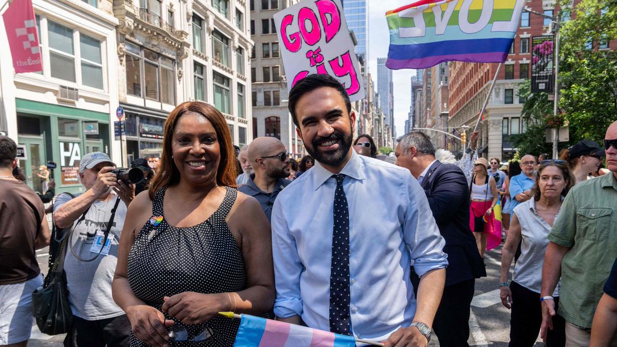<a href="/MFaarees_/">F A A R E E S 💫 🇵🇸</a> Zohran Mamdani is the most pro-LGBTQ candidate in NYC history. And Muslims voted for him, simply because he's a Muslim. They don't care that he's pushing pro-LGBTQ messages. Here he is standing in front of a sign that says Allah is gay: