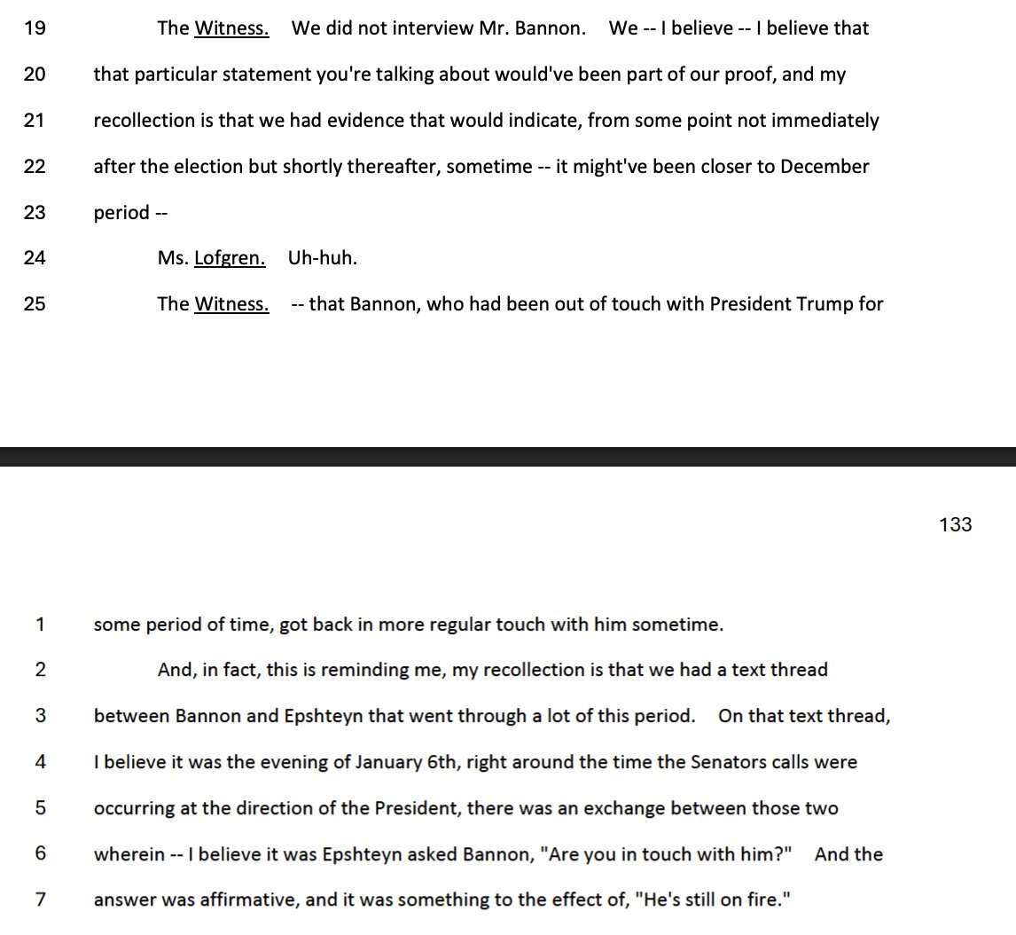 SMITH says he had evidence that Trump directly ordered alleged co-conspirators to call senators on the evening of Jan. 6 to try to continue delaying the vote ceritification. 

He also had evidence that Bannon said Trump was still "on fire" on evening of Jan. 6.