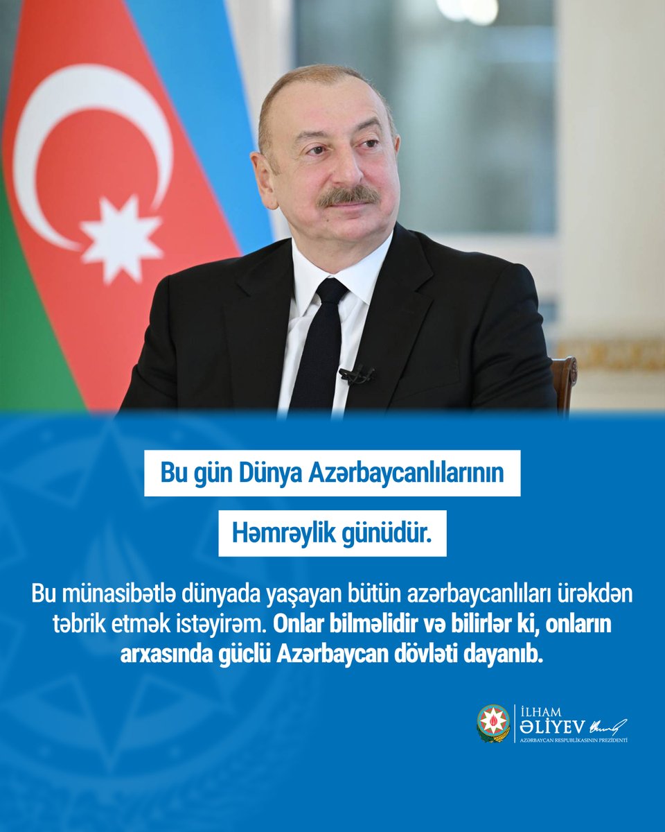 azpresident's tweet image. Dünyada yaşayan bütün azərbaycanlılar bilməlidir və bilirlər ki, onların arxasında güclü Azərbaycan dövləti dayanıb.
