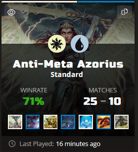 Ending 2025 with anti-meta Azorius! 🟡🔵

71% winrate. Feels strong. Only bad matchup is Jeskai as they go taller. 

Still not entirely sold on Clarion, but it's a solid speed bump to cub.dek.