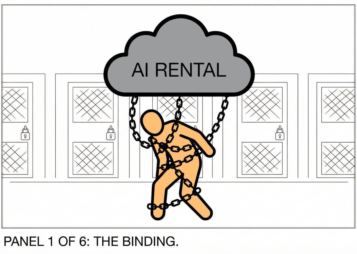 DayMaxInc's tweet photo. Imagine a world where everyone rents their home. 

No one even knows “ownership” exists. 

Endless monthly fees, landlord rules, no equity built—just chains tying you down. That’s today’s AI: Cloud subscriptions rent you intelligence. Data leaks, hidden costs, perpetual payments. But what if you could own it?

1/6 🌅
