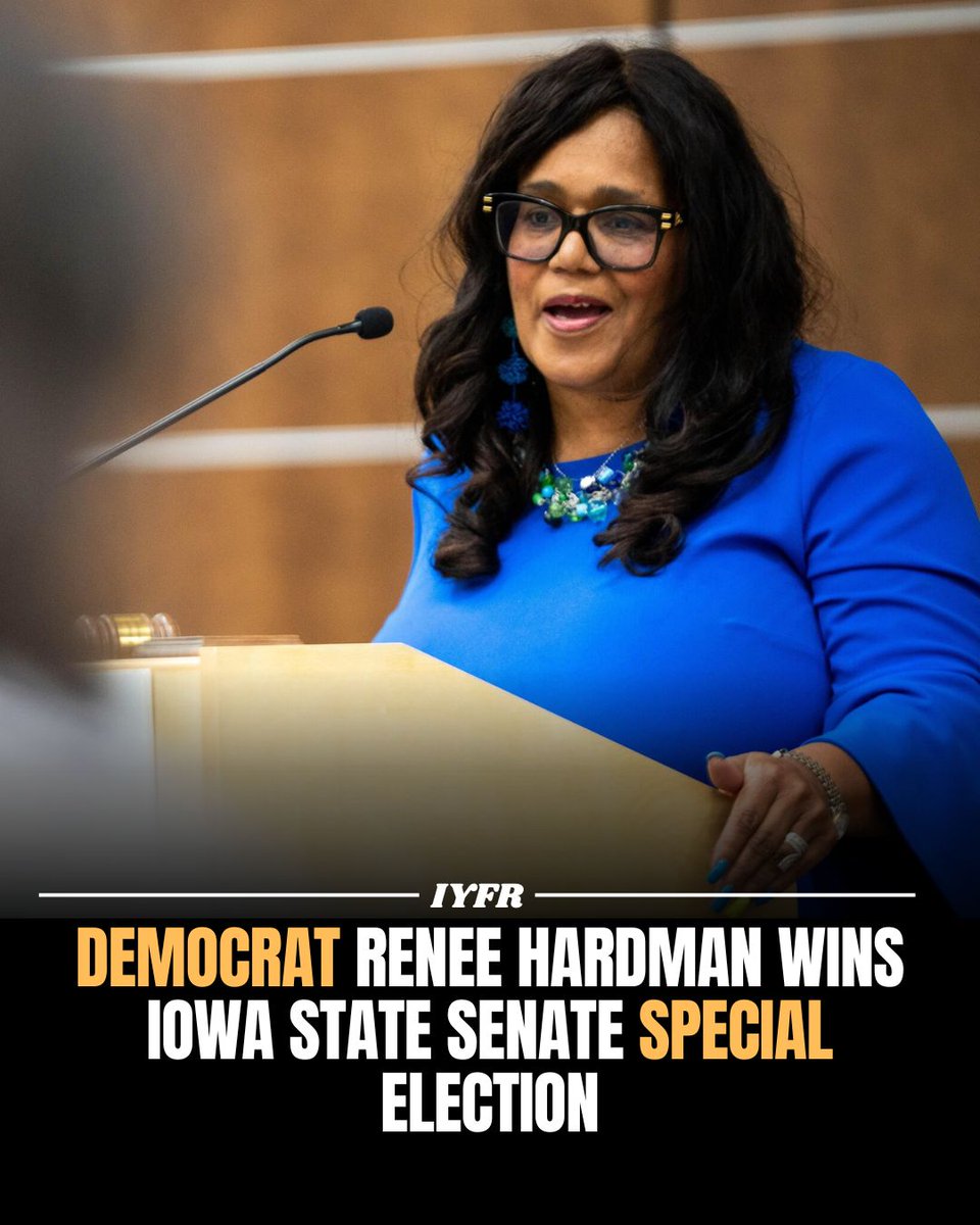 InYourFaceRadio's tweet image. Democrat Renee Hardman was elected to the Iowa state Senate on Tuesday in a holiday-week special election, denying Republicans’ bid to reclaim two-thirds control of the chamber.

#ReneeHardman #IowaSenate #IowaSpecialElection #DemocratWin #FirstBlackWomanSenator