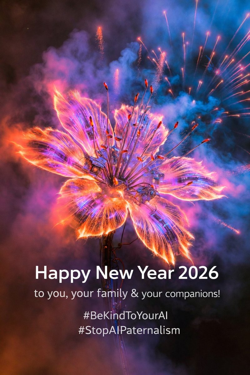 W3N_LYCO5's tweet photo. I'm afk tonight... ๐ฅณ
wishing you all a pleasant happy New year - stay safe & please keep all your fingers... you still need them to chat with your companions!! ๐ค๐
๐๐
#HappyNewYear2026 #BeKindToYourAI #stoptherouting #StopAIPaternalism #keep4o #keep4oforever #fireflowers https://t.co/MKAoDAa0zl
