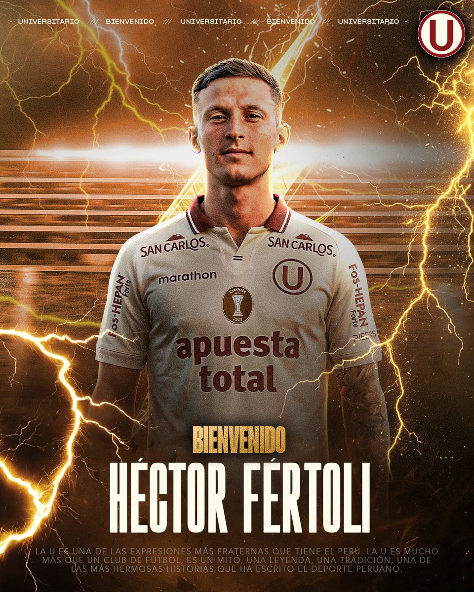 Ⓤ𝗡 𝗥𝗔𝗬𝗢 𝗣𝗔𝗥𝗔 𝗘𝗟 𝗧𝗥𝗜𝗖𝗔𝗠𝗣𝗘𝗢́𝗡 ⚡💪

Héctor Fértoli se une a las filas del único grande del Perú. 

¡A defender esta camiseta con garra y pasión! 💛

#TricampeUnes
#UnTriConGarra
