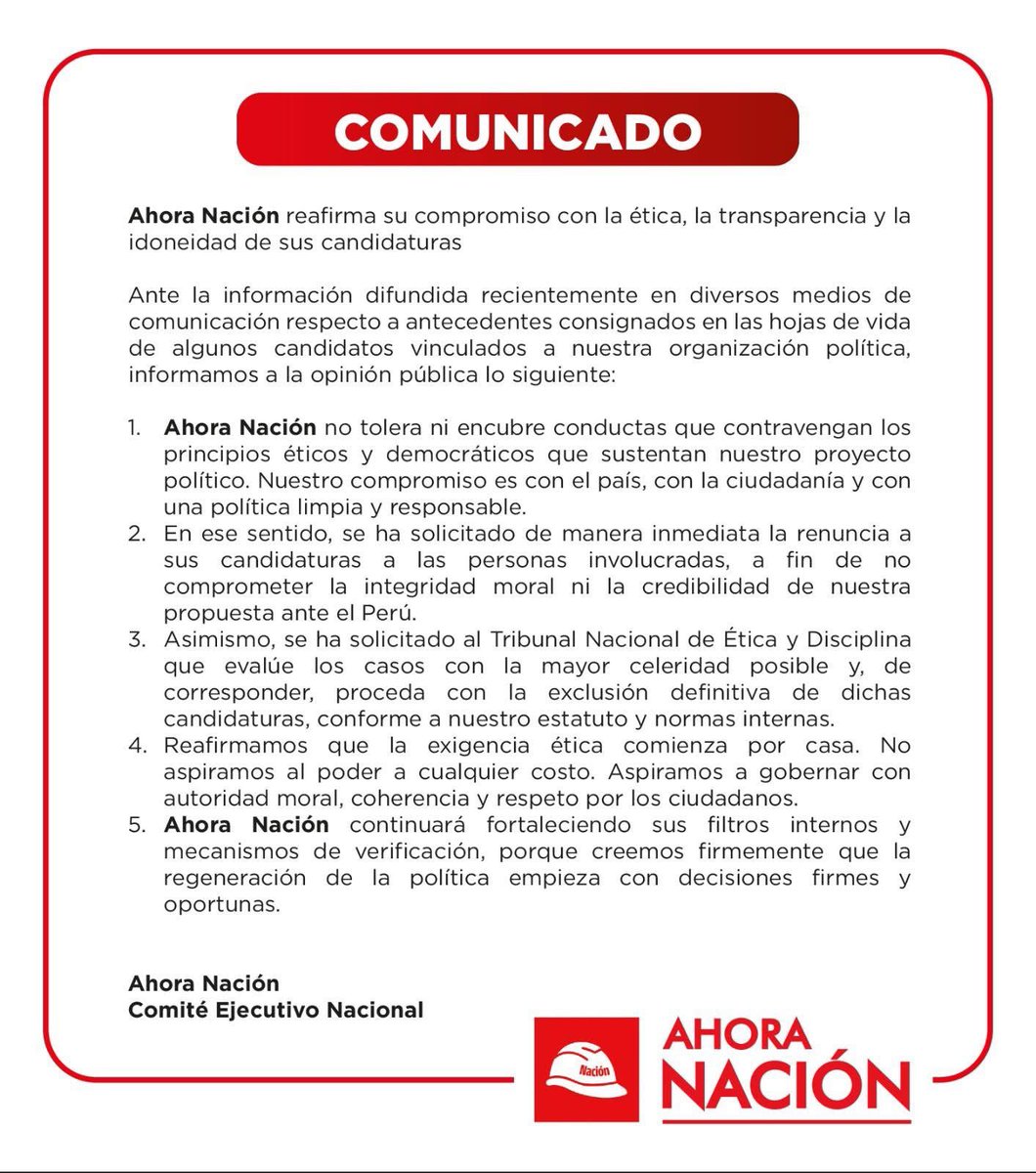 Ahora Nación reafirma su compromiso con la ética y la transparencia.
No toleramos ni encubrimos conductas que contradigan nuestros principios. 

Ante los hechos conocidos, se ha solicitado la renuncia inmediata de los involucrados y la intervención del Tribunal de Ética conforme