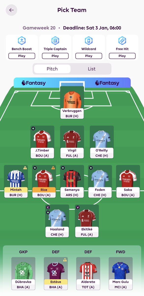 OR: 43k
Free Transfers: 2
GW20 thoughts:

I’ve got two free transfers and a lot to weigh up. I’m set on bringing in Gabriel, which means Saka has to go to free up the third Arsenal slot. The squad isn’t helping either — Esteve and Minteh are injured, Rice is flagged, and Semenyo