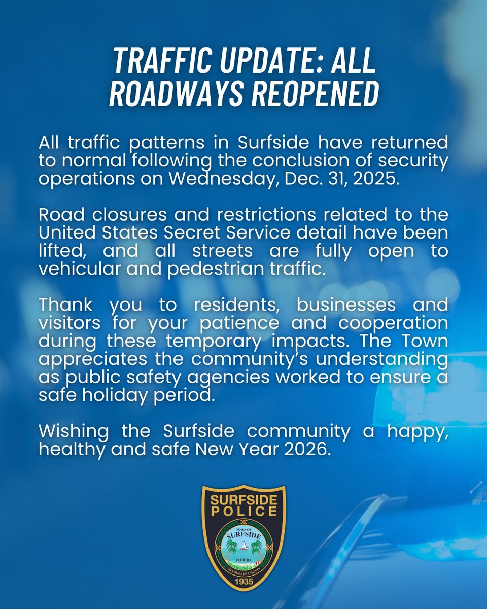 SurfsidePolice's tweet image. Traffic Update: All Roadways Reopened 🚦#SurfsideFL #SurfsidePD