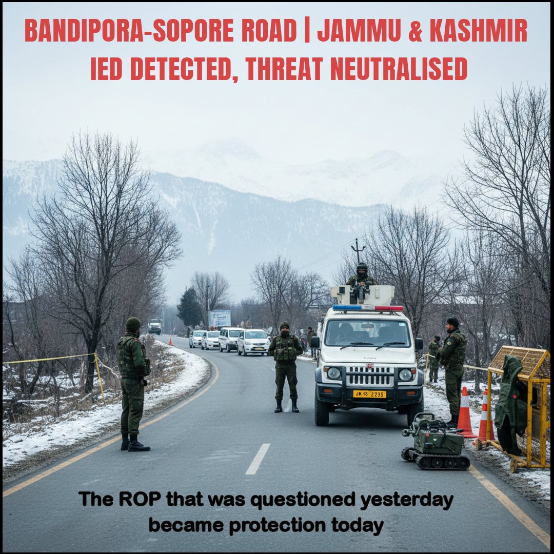 e_sopore's tweet photo. IED detected and threat neutralised on the Bandipora–Sopore Road, J&K. The ROP that was questioned yesterday proved vital today—vigilance and preparedness saved lives. 🇮🇳#Bandipora #Sopore #JammuAndKashmir #IEDNeutralised #ROP #SecurityForces #PublicSafety #AwamKiHifazat https://t.co/KSYDwki2fO