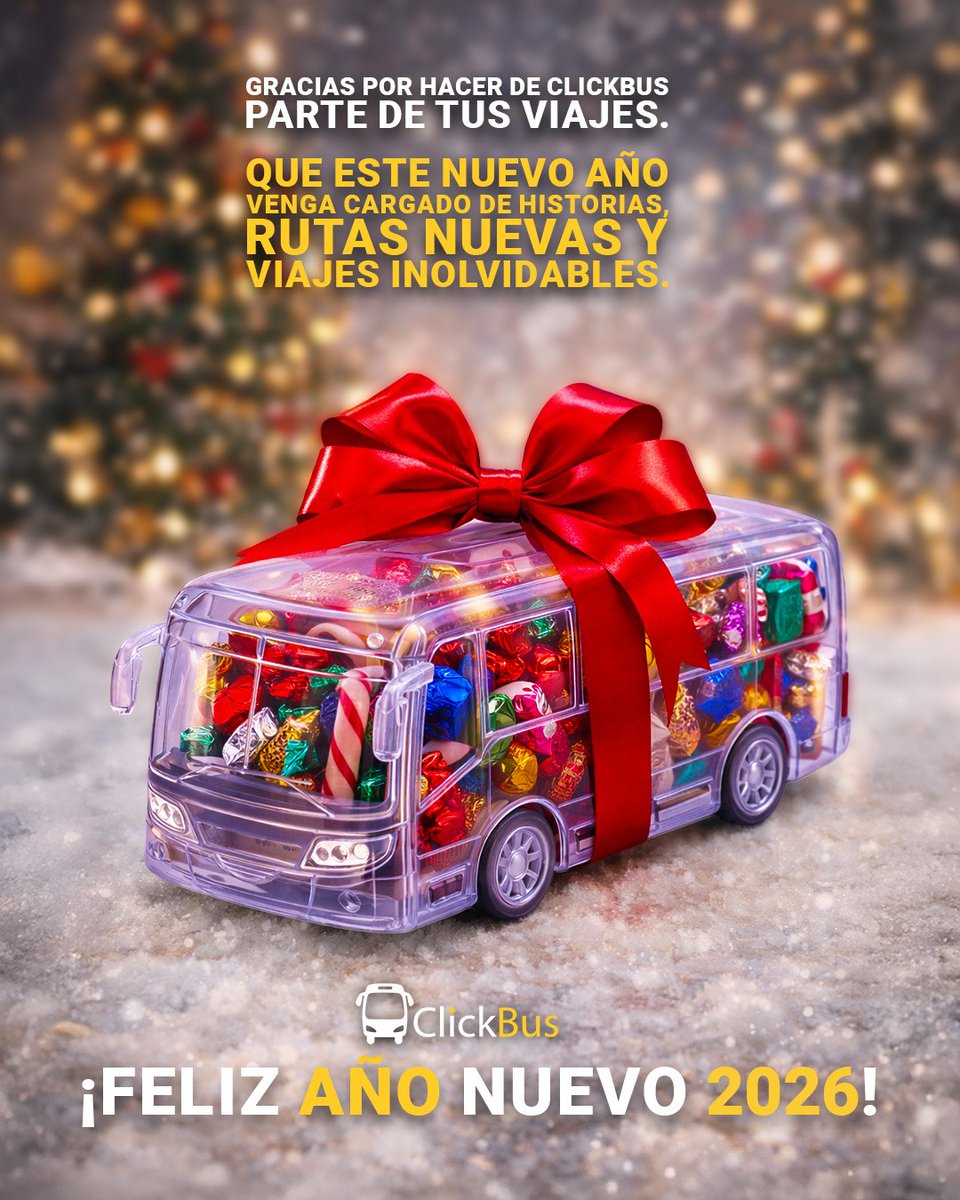 Click_Bus's tweet image. Gracias por hacer de ClickBus parte de tus viajes.

Que este 2026 venga con rutas nuevas, historias increíbles y muchos kilómetros por recorrer 🚍✨

#FelizAñoNuevo2026