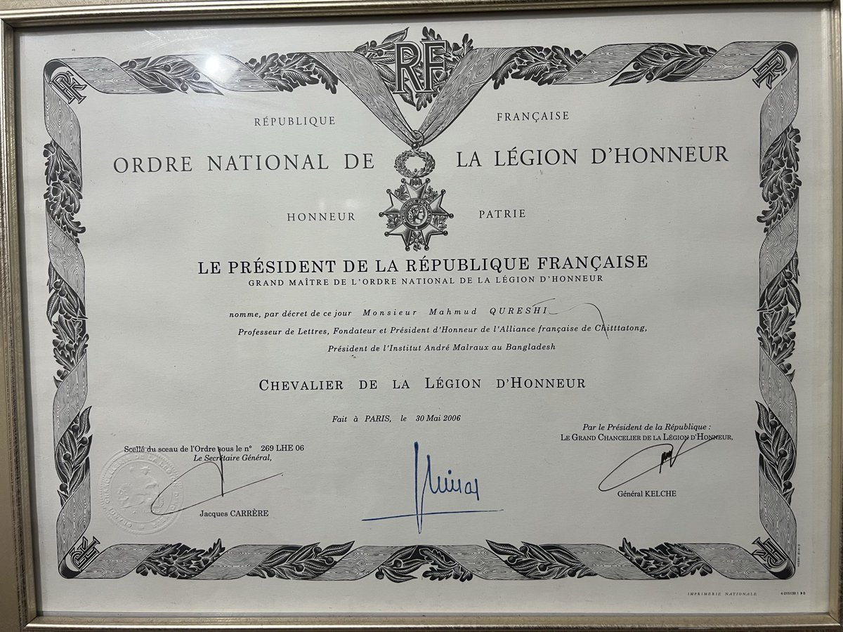 Ordre National De La Légion D’Honneur
Professor Dr Mahmoud Shah Qureshi
