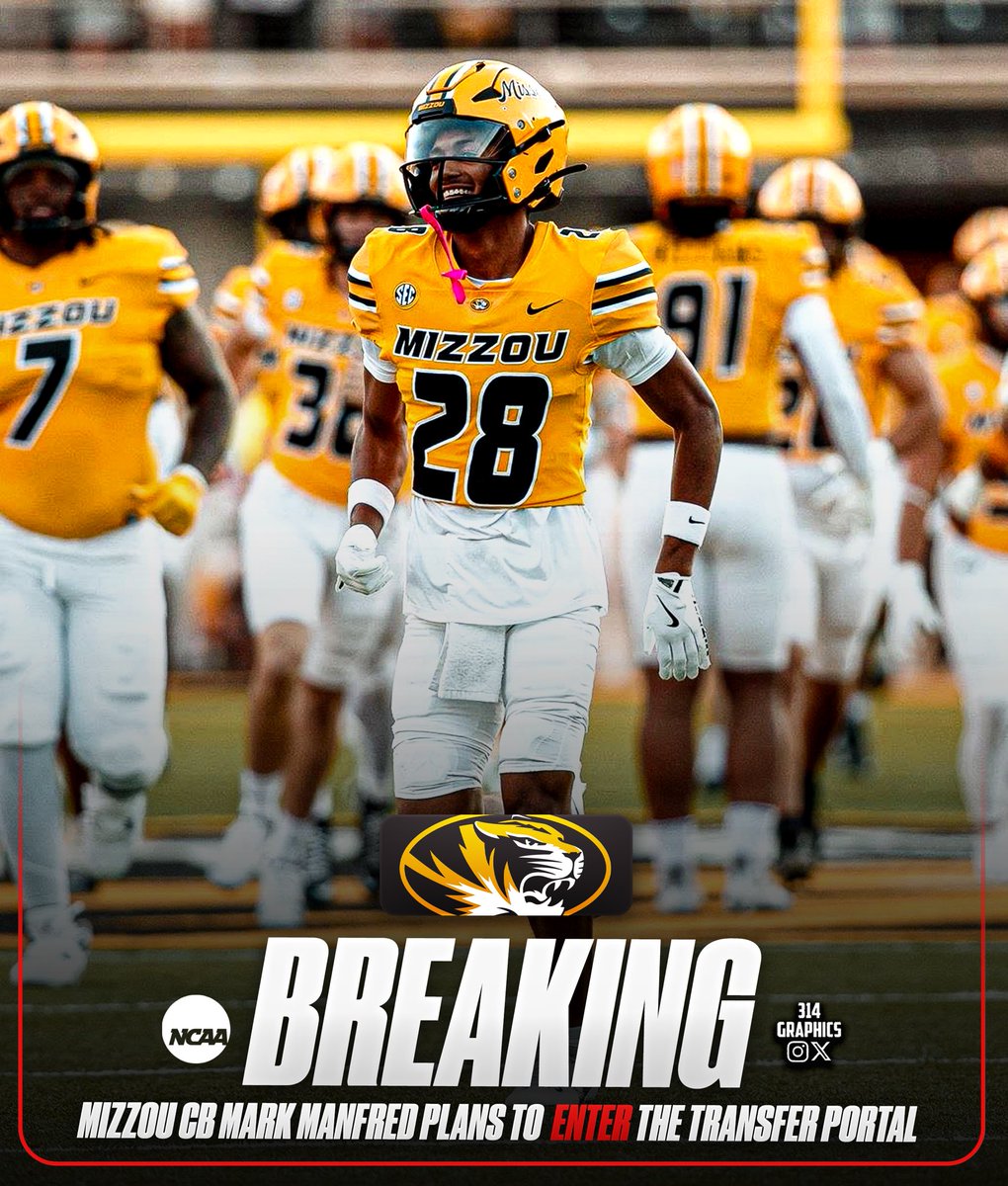 314Graphics's tweet image. BREAKING: Missouri CB Mark Manfred III plans to enter the NCAA Transfer Portal, he tells me.
•
The 6’2”, 175-lb defensive back will be a redshirt freshman this upcoming spring. Manfred previously held 40+ offers coming out of high school.
•
Where’s next for the Marietta, Ga.…