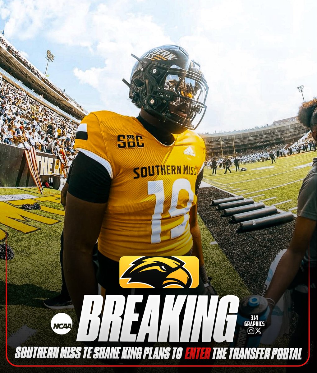 314Graphics's tweet image. BREAKING: Southern Miss TE Shane King plans to enter the NCAA Transfer Portal, he tells me.
•
The 6’5”, 230-lb freshman appeared this season and recorded 3 catches for 32 yards. A former 3-star recruit, he still has 4 years of eligibility remaining.
•
What’s next for the…