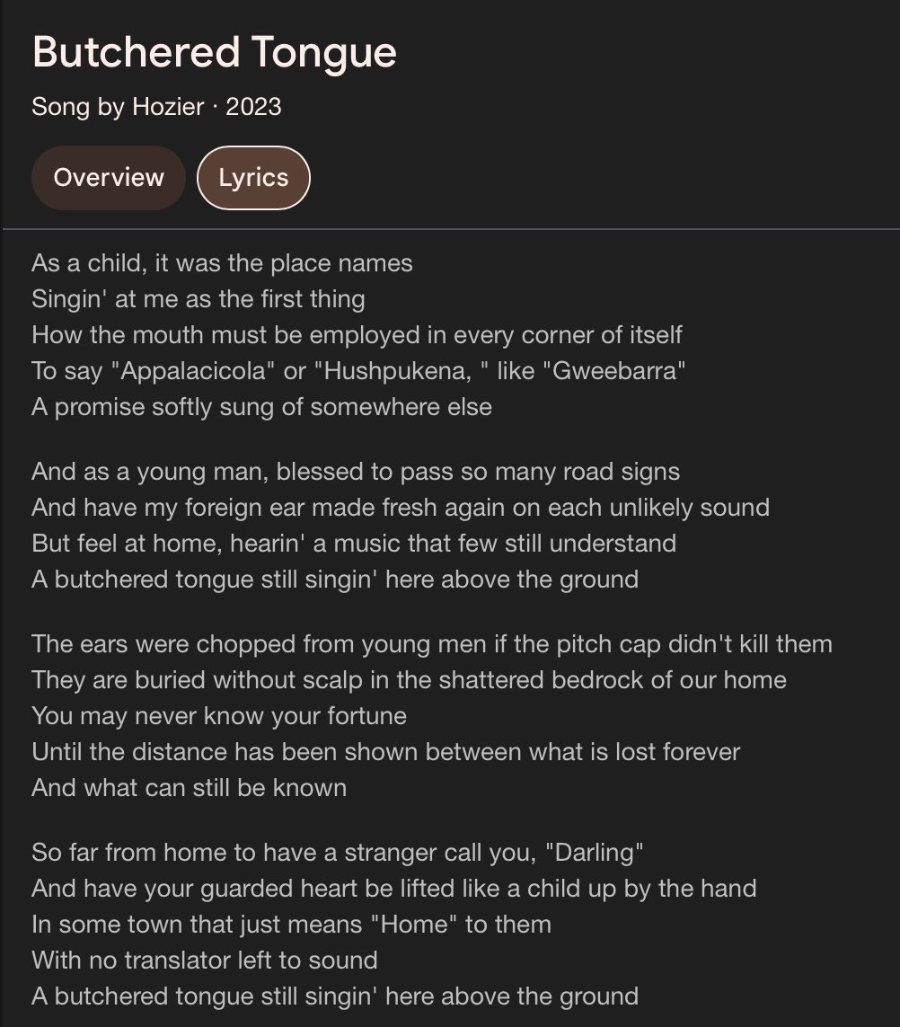 Marsspace17_'s tweet image. Hozier makes a song explicitly about colonialism and indigenous people’s being oppressed and stripped of their native tongue. This moron thinks it’s just about a white guy loving languages and out of place on the album. Gave the album a mid review and said it’s the worst song.