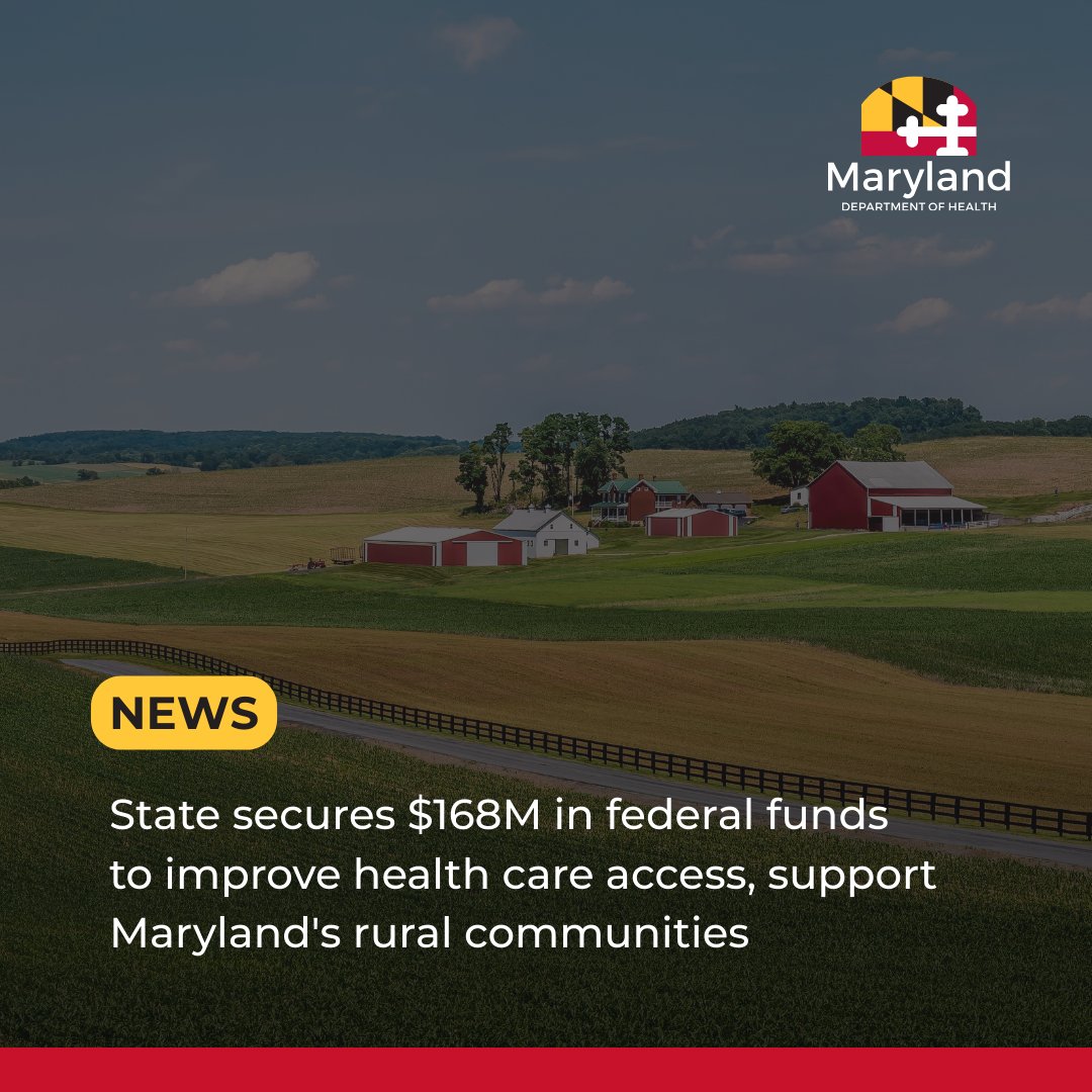MDHealthDept's tweet image. RELEASE: Maryland secures $168 million in federal funding through the Rural Health Transformation Program to strengthen and modernize health care in rural communities. Learn more: bit.ly/4smkOTC.