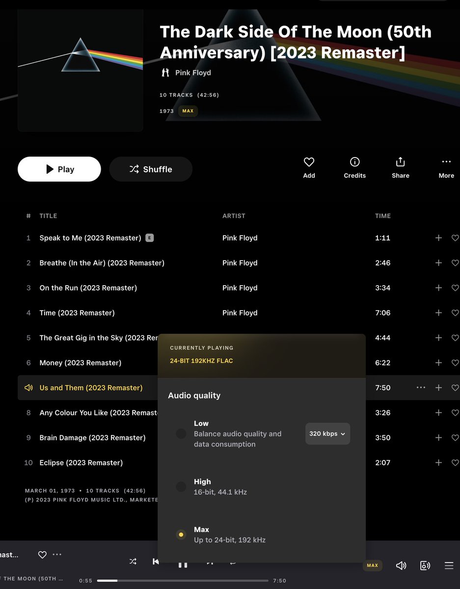 Si tenés equipamiento high end que lo aproveche, Tidal es la mayor ganga de streaming de la galaxia.
Hasta 192 kHz y 24 bits por lo que cuesta una medialuna.
Con el Hugo+Susvara estoy volando por el aire.