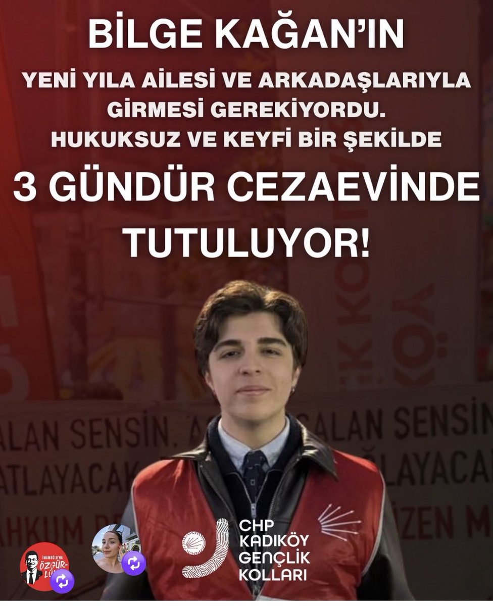Bilge Kağan’ın yılbaşında Maltepe Cezaevi’nde ne işi var?
Adaletin suskun kaldığı yerde, 
itiraz eden gençlerin cezalandırılması var.
Bu hukukun değil, 
korkunun fotoğrafıdır.
<a href="/kadikoychp/">CHP Kadıköy İlçe Başkanlığı</a>
