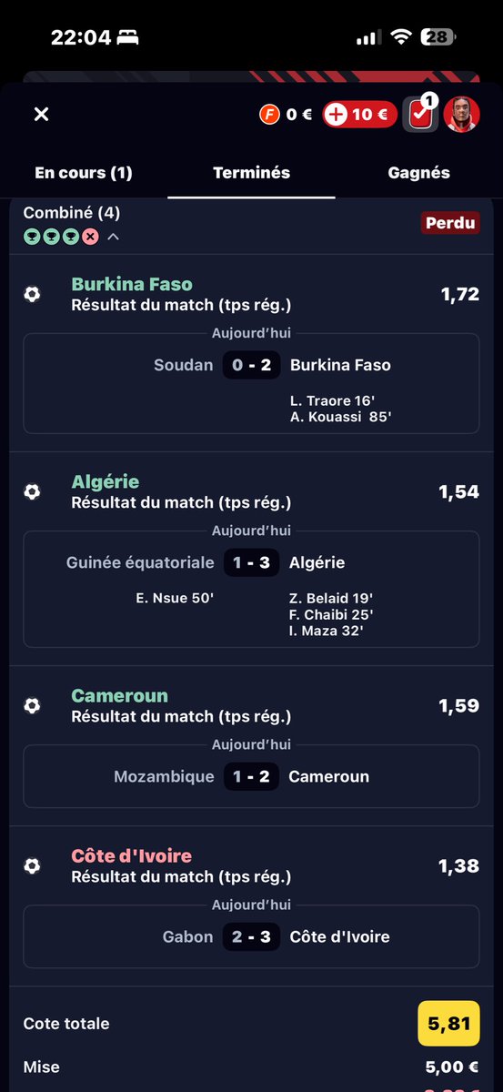Charly4ohl's tweet photo. @Betclic j’aimerai s’avoir pourquoi mon paris es marqué perdons  alors  que la Côte d’Ivoire a gagné https://t.co/W7952taL7D