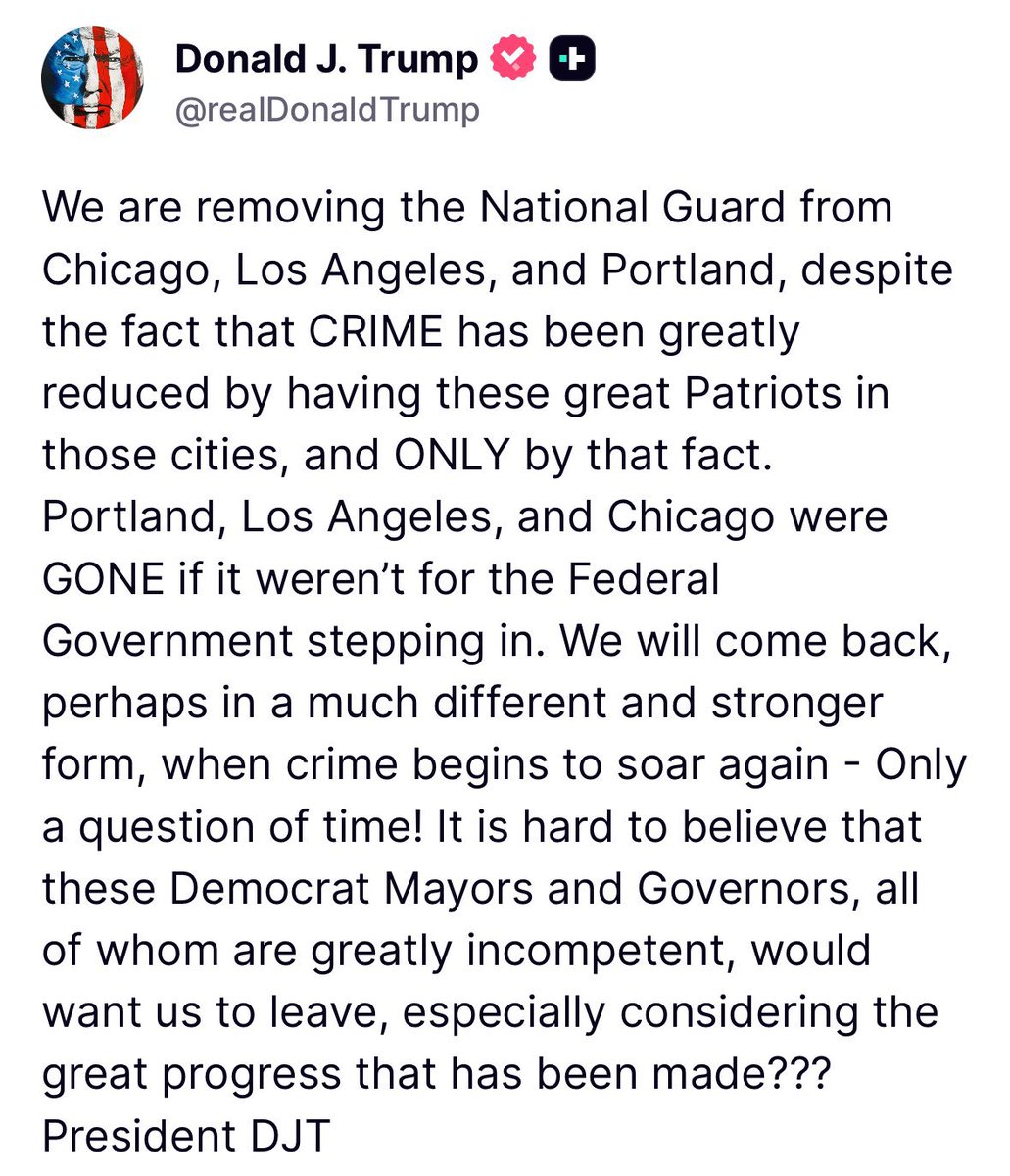 WarClandestine's tweet image. 🔥HOLY SHIT🔥

Trump just said he is removing the National Guard from Chicago, LA, and Portland, but says “we will come back, perhaps in a much different and stronger form”.

HE IS TALKING ABOUT SENDING IN ACTIVE DUTY MILITARY VIA THE INSURRECTION ACT!!!

This comes after the…