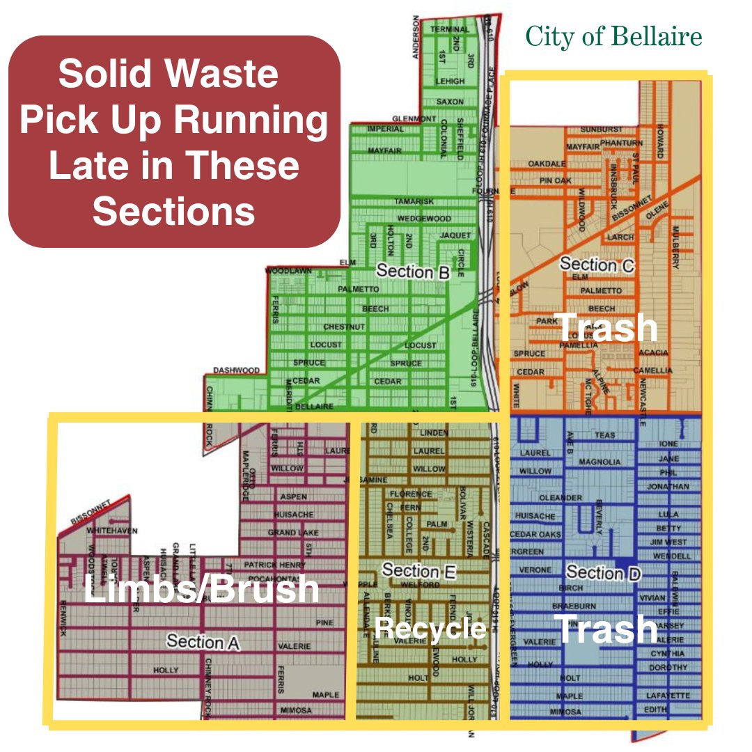 Due to high volumes after the holiday, solid waste crews are experiencing delays today. Trash &amp; recycling collection is running late in all sections.

Please leave your trash and recycling at the curb.

Trash &amp; Recycling Information: bellairetx.gov/1241/Solid-Was…