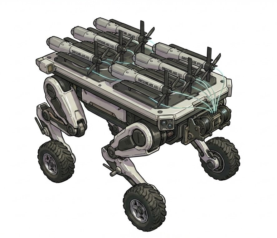 ケンターヴルⅡ
KOVAL(コヴァル)
Kyiv Office for Vanguard Armaments Laboratoryが量産した地上兵器。パックスとの戦いに備え、対戦車、陣地用に改良された有線自爆ドローンを射出するドローン母艦。能動防御の発達に備え速力を重視したドローンを6発搭載可能。 