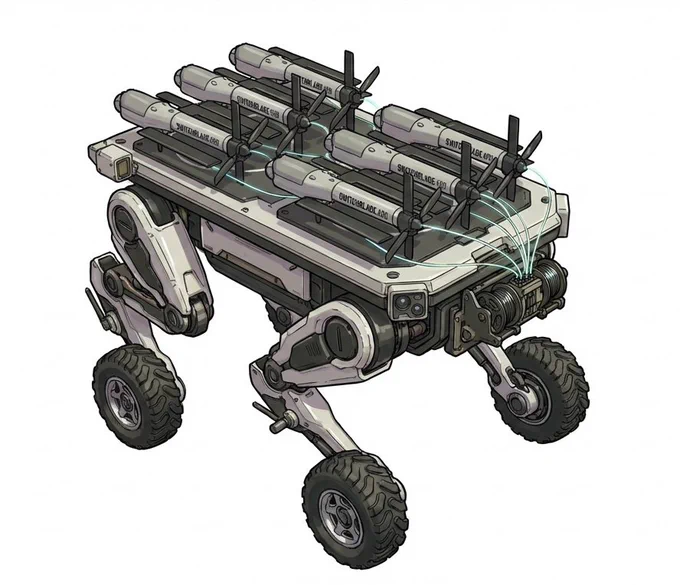 ケンターヴルⅡ KOVAL(コヴァル) Kyiv Office for Vanguard Armaments Laboratoryが量産した地上兵器。パックスとの戦いに備え、対戦車、陣地用に改良された有線自爆ドローンを射出するドローン母艦。能動防御の発達に備え速力を重視したドローンを6発搭載可能。