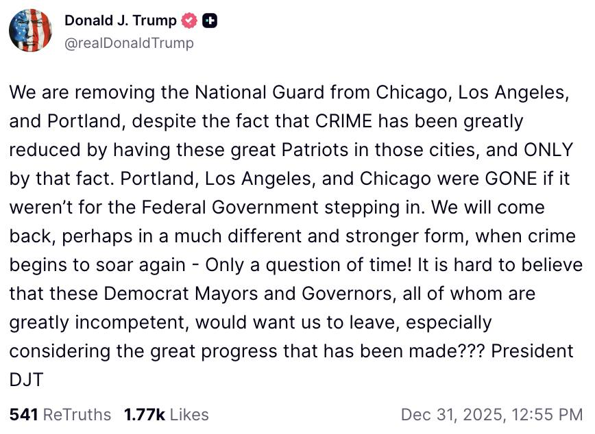 MeidasTouch's tweet image. BREAKING: Trump says he is removing the National Guard from Chicago, Los Angeles, and Portland