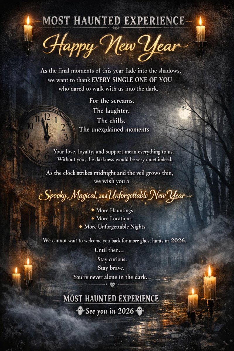 mosthauntedexp's tweet photo. Happy New Year to each and everyone of you. Lots of love.

See you in 2026. Xxx
#HappyNewYear

@Yfielding @realkarlbeattie @StuartTorevell @RadioGlen @OnlyMostHaunted @JENNYMHEXP https://t.co/Gskrren1BG