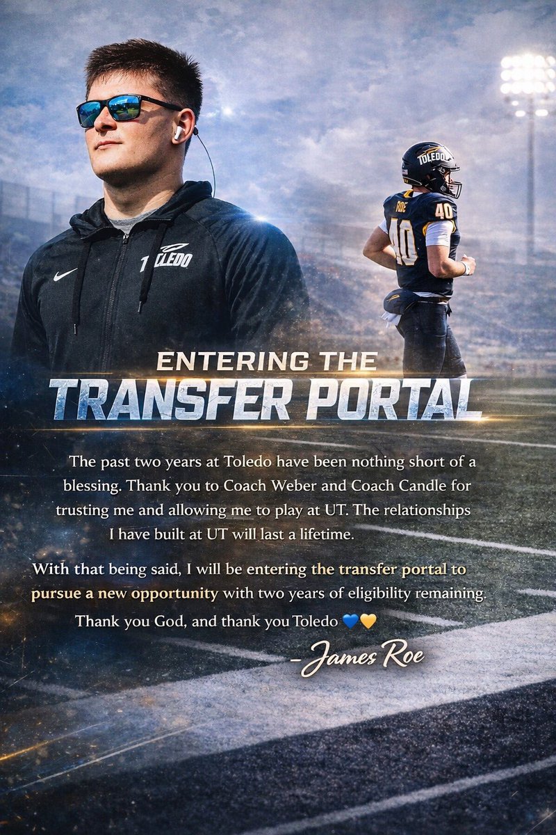 JamesRoe73's tweet photo. I will be entering the transfer portal Jan 2. 
Thank you @ToledoFB for 2 amazing years. 

Transfer Portal Snapper‼️

-2 year FBS starter/26 games 

-2 years of eligibility remaining 

-PFF &amp; CFN Freshman All-American
@SpecialTeamsU @Coach_Casper 
(Film Pinned) https://t.co/xuHXIzymDl