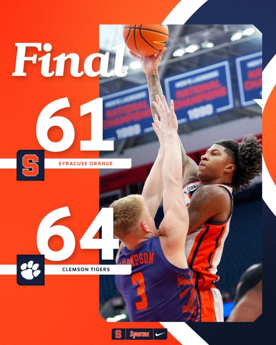 cardiac_cuse's tweet image. Syracuse loses 64-61 to Clemson.

Syracuse tournament chances have now fallen to slim to none. It’s been the same story for 3 years, Autry just has better players this year.

Frustrating to watch the talent go to waste with one of the worst P5 coaches