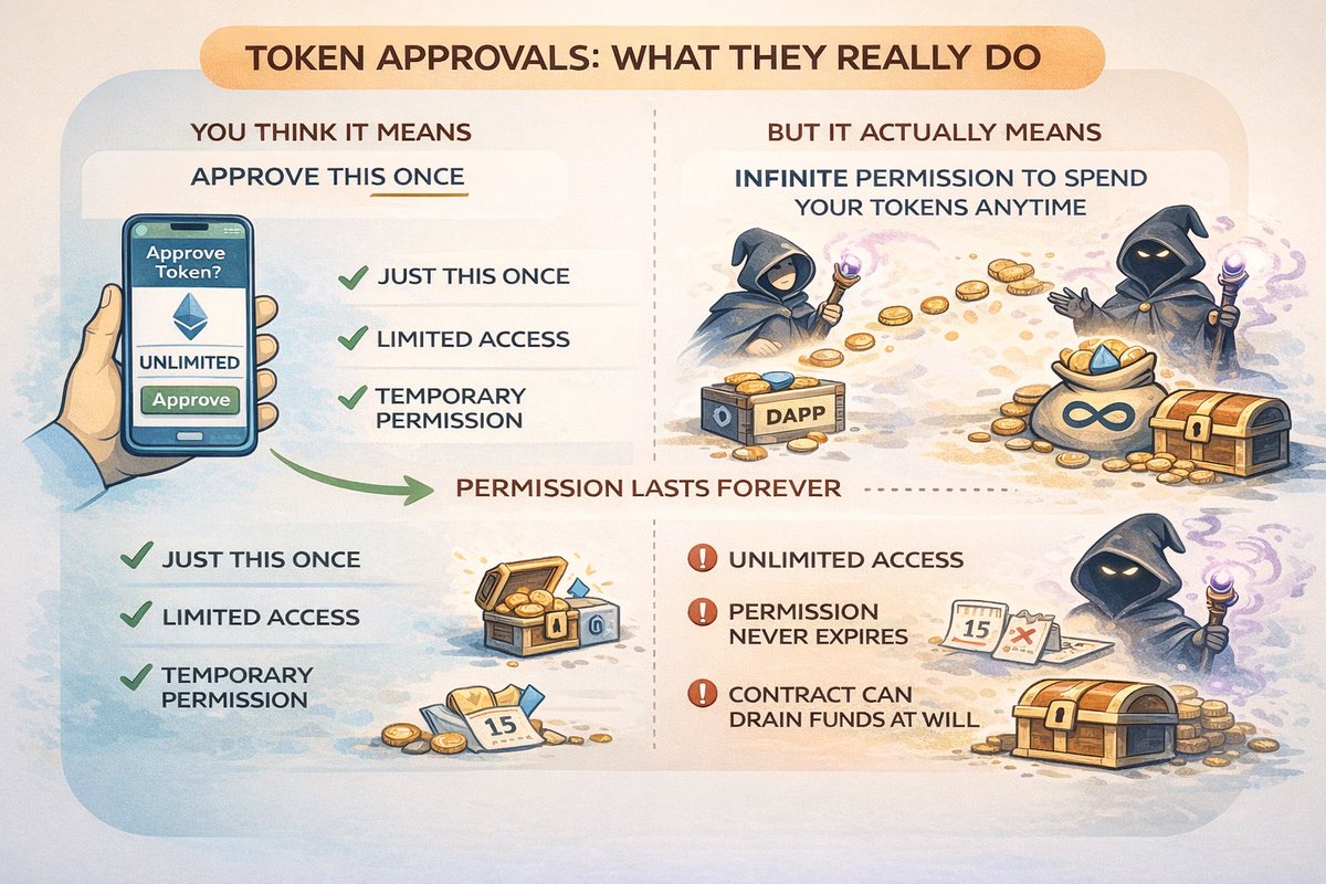 AyuShettyEth's tweet image. 🧵 Day 17 of #30DaysOfWeb3

There’s one action in Web3 that causes more damage than almost anything else and most people don’t even realise they’ve done it.

Approving a token.

When you approve a token, you’re not moving money. You’re giving permission. You’re telling a smart
