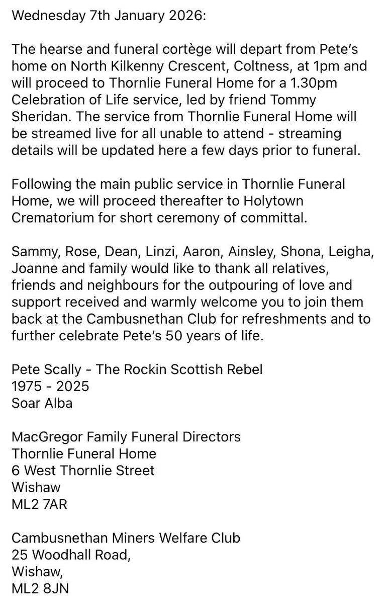 Details of the funeral of Pete Scally;

Please share.