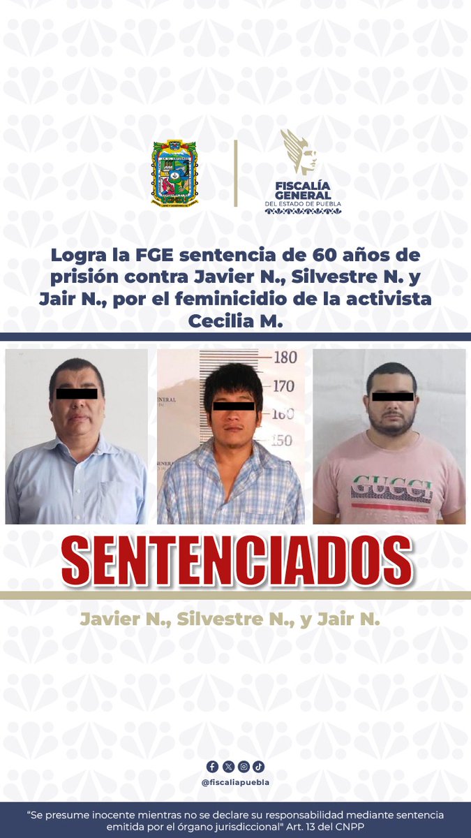 Logra la FGE sentencia de 60 años de prisión contra Javier N., Silvestre N. y Jair N., por el feminicidio de la activista Cecilia M.

#FiscalíaInforma: tinyurl.com/3y69fyua