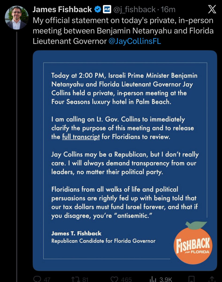 This is a flat out absolute lie. 

This never happened. I was with Jay Collins today. He was standing in a different room when Netanyahu arrived at the venue. 

Fishback fabricated this because all he does is lie.