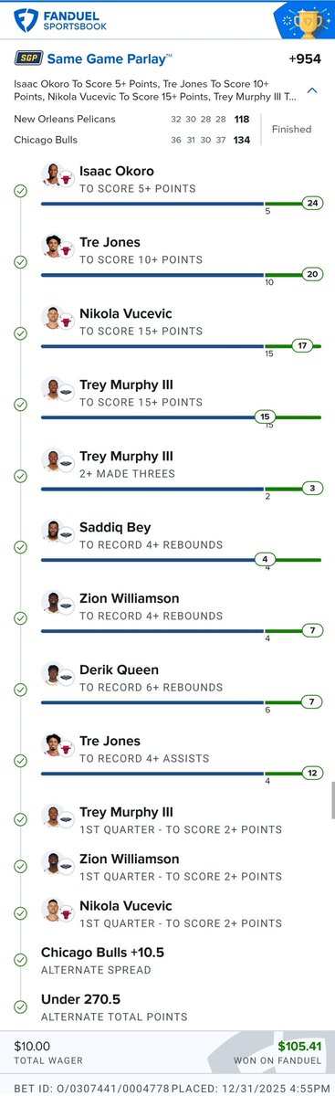 BAAAAAAAAAAAAAAAAAANG 💥 💥 

CASH THE BULLS/PELICANS SGP 🚀 💸 💰 

+954 ✅️ 

ANOTHER BANGER FOR MY X FAM ❤️ 😍 💖 

GIVEAWAYS HAPPENING TONIGHT!! WE ALREADY HAVE THREE $50 WINNERS TO ANNOUNCE 🏆 

❤️ AND ♻️ TO ENTER 

MUST BE FOLLOWING 💋 😘 

WE. STAY. BLESSED 🙌