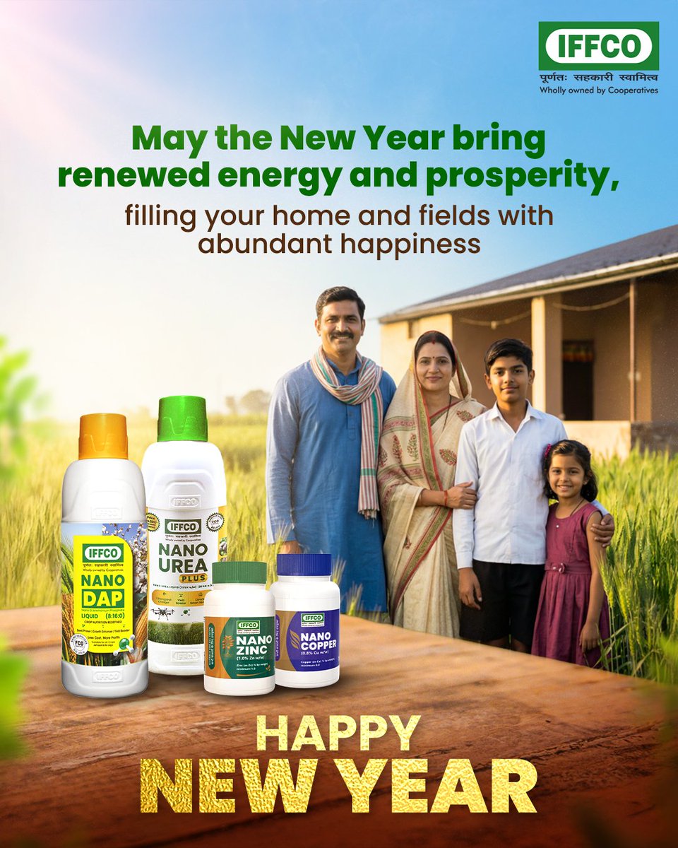 IFFCO_PR's tweet image. As the New Year dawns, may it bring strength to your fields, prosperity to your homes, and happiness in every moment. IFFCO wishes you a very Happy New Year!

#IFFCO #IFFCONanoFertilisers #HappyNewYear2025 

@AmitShah @MinOfCooperatn @Dileep_Sanghani @KiritkrJPatel @AgriGoI