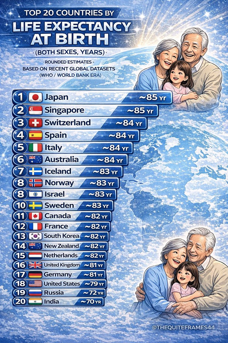 TheOrvity's tweet image. 📊 Top 20 Life Expectancy at Birth (Both Sexes, Rounded, Recent Global Estimates)

#GlobalStats 
#WorldData 
#HealthEconomic