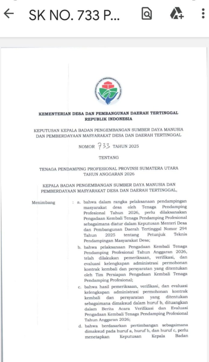 Kami keberatan atas SK 733 Thn 2025 yg diterbitkan BPSDMPMDDT Kemendesa PDT.
Kebijakan harus adil, transparan &amp; menghormati HAM. Mohon evaluasi &amp; peninjauan ulang.
#1150TPPdiSumutdiPHKMassal
#KeberatanSK733BPSDM
<a href="/prabowo/">Prabowo Subianto</a> <a href="/YandriSusanto/">Yandri Susanto</a> <a href="/ArizaPatria/">Ariza Patria</a> <a href="/KerjaSeskabRI/">Letkol Teddy Indra Wijaya</a>  <a href="/KemenkumhamRI/">KemenkumHamRI</a>