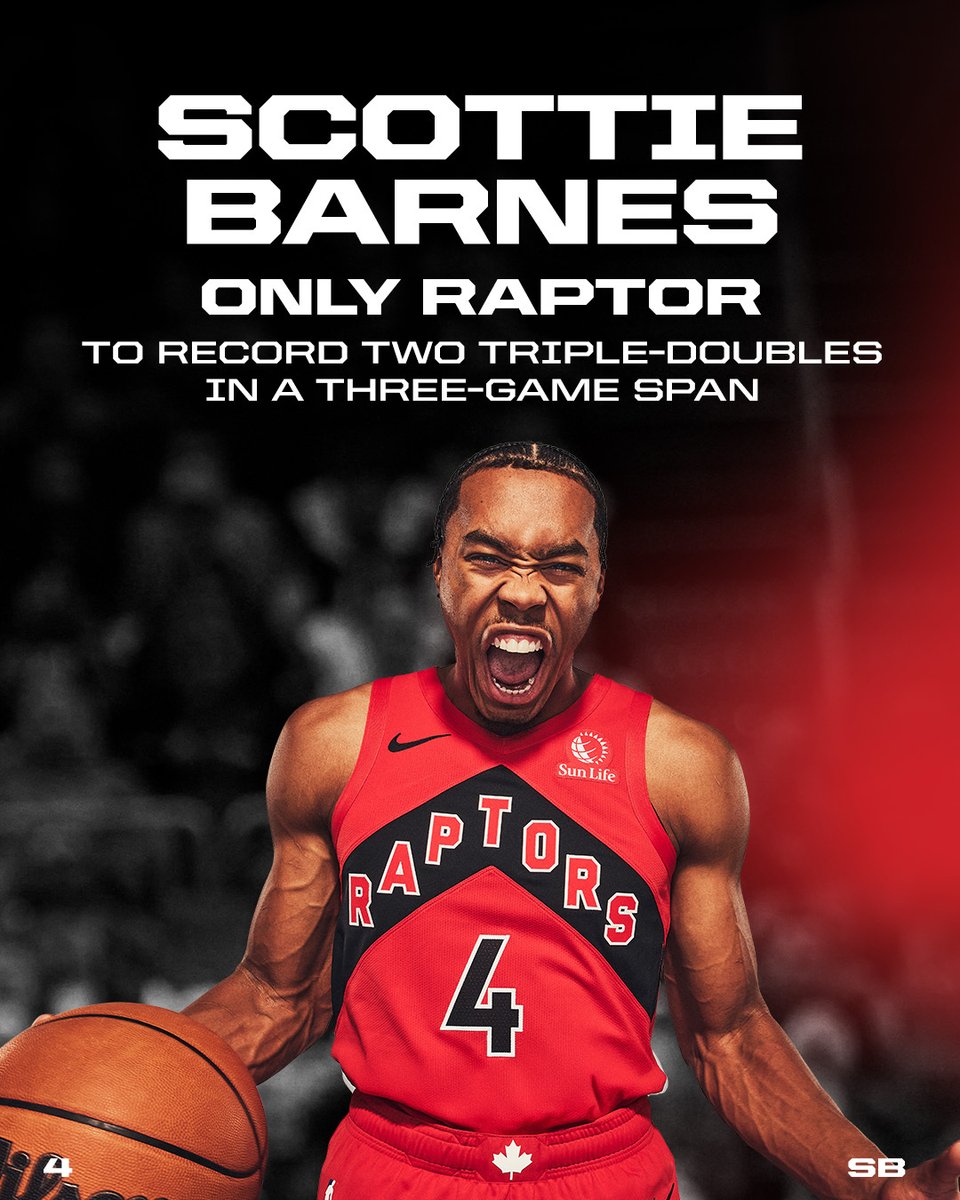 ONLY RAPTOR TO EVER DO IT‼️
TWO TRIPLE-DOUBLES IN THREE GAMES.😤
YOU KNOW WHAT TIME IT IS.
VOTE SCOTTIE BARNES ➡️ vote.nba.com/en?pid=1630567…