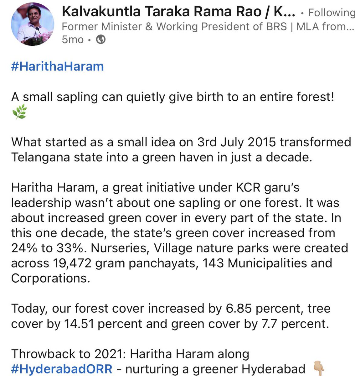 pratyushgvh's tweet image. This just didn’t happen overnight…

Tremendous efforts put by KCR with the scheme called #HarithaHaram , it was his brain child…

He increased the green cover by 7.7% 

KTR garu has developed so many parks in and around Hyderabad one is at Gandipet… 

We achieved so many wards