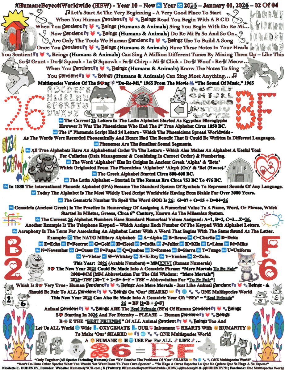 DudeneyN's tweet photo. To Start The
New Year
202️⃣6️⃣

As There Are 26🔤Letters
In The Latin Alphabet
Which Can Represent
An Infinite♾️Number Of
💖Concepts
💕Communications
💞Connections

Here Is A🔤Pangram
Which Contains All 26🔤Letters 
Of The Alphabet
1st Published “The Boston Journal,” 1885
Later Used For Typing Practice:

“🅰️Quick💨Brown🟫Fox🦊
Jumps🐾🐾Over🥏
The➡️Lazy💤Dog🐕”

T🤝
🌠Wish🌠
ALL
Sentient👣💓🐾Beings
(Humans👣&🐾Animals)
On ‘Our’ SHARED
👐👣🌐🐾🐾
ONE Multispecies World
In This New Year 202️⃣6️⃣
&
Forever More

💖Conceptual 💗Positive 💓Energy
For
The ☔Care☔ & 🌞Humanity🌞
Of ALL Sentient👣💓🐾Beings
(Humans👣&🐾Animals)
On ‘Our’ SHARED
👐👣🌐🐾🐾
ONE Multispecies World…

2��⃣6️⃣ 🟰 BF [2️⃣🟰 B ➕ 6️⃣🟰 F]

S🤝
Let’s ALL Make
202️⃣6️⃣
The Year
Of
👣🐾BF👣🐾
“Best👣🐾Friends”
Of ALL
Sentient👣💓🐾Beings
(Humans👣&🐾Animals)

Let Us ALL
World🌐Wide

🌬️Oxygenate🌬️
Our❤️‍🩹Inhumane❤️‍🩹Hearts
With 🌞Humanity🌞
To Make
‘Our’ SHARED
👐👣🌐🐾🐾
ONE Multispecies World
A 🌞HUMANE🌞 H🌐USE
For ALL 🧬LIFE🧬…

And

Since Iron
Is The Atomic Number 2️⃣6️⃣
❤️‍🔥OXIDATE❤️‍🔥
Human Archaic🏺Cruelty🩸
To Make
‘Our’ SHARED
👐👣🌐🐾🐾
ONE Multispecies World
A 🌞Humane🌞 H🌐USE
For
ALL Sentient👣💓🐾Beings
(Humans👣&🐾Animals)…

☝️👣💓🐾🧬
#WeAreONEFamilyOfSentientBeings
&
All Species Have A Sound Alphabet

S🤝
When Human Sentient👣💓🐾Beings
Learn To Interact💕And💕Communicate
As 👣🐾FRIENDS👣🐾
With Animal Sentient👣💓🐾Beings

🧬Life🧬
Will Improve
For ALL Sentient👣💓🐾Beings
On ‘Our’ SHARED
👐👣🌐🐾🐾
ONE Multispecies World…

B🐝E  A🤝FRIEND
To Innocent
Animal Sentient👣💓🐾Beings
On ‘Our’ SHARED
👐👣🌐🐾���
ONE Multispecies World
They Need
Y🫵U…

January 01, 202️⃣6️⃣
Year 🔟➕
#HumaneBoycottWorldwide (HBW) @DudeneyN
Join🤝Us
F🤝r Them🐶💞🐱
https://t.co/x75CQGioJI