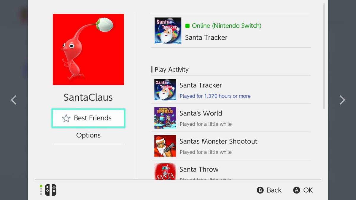 Yesterday I put my switch code on here to make more friends. sorry to put whoever this is on blast, but yall need to see this. His screen name is Santa Claus and he’s only played Santa related games with Santa Tracker clocking in at 1,370 hours. I need to know this persons lore