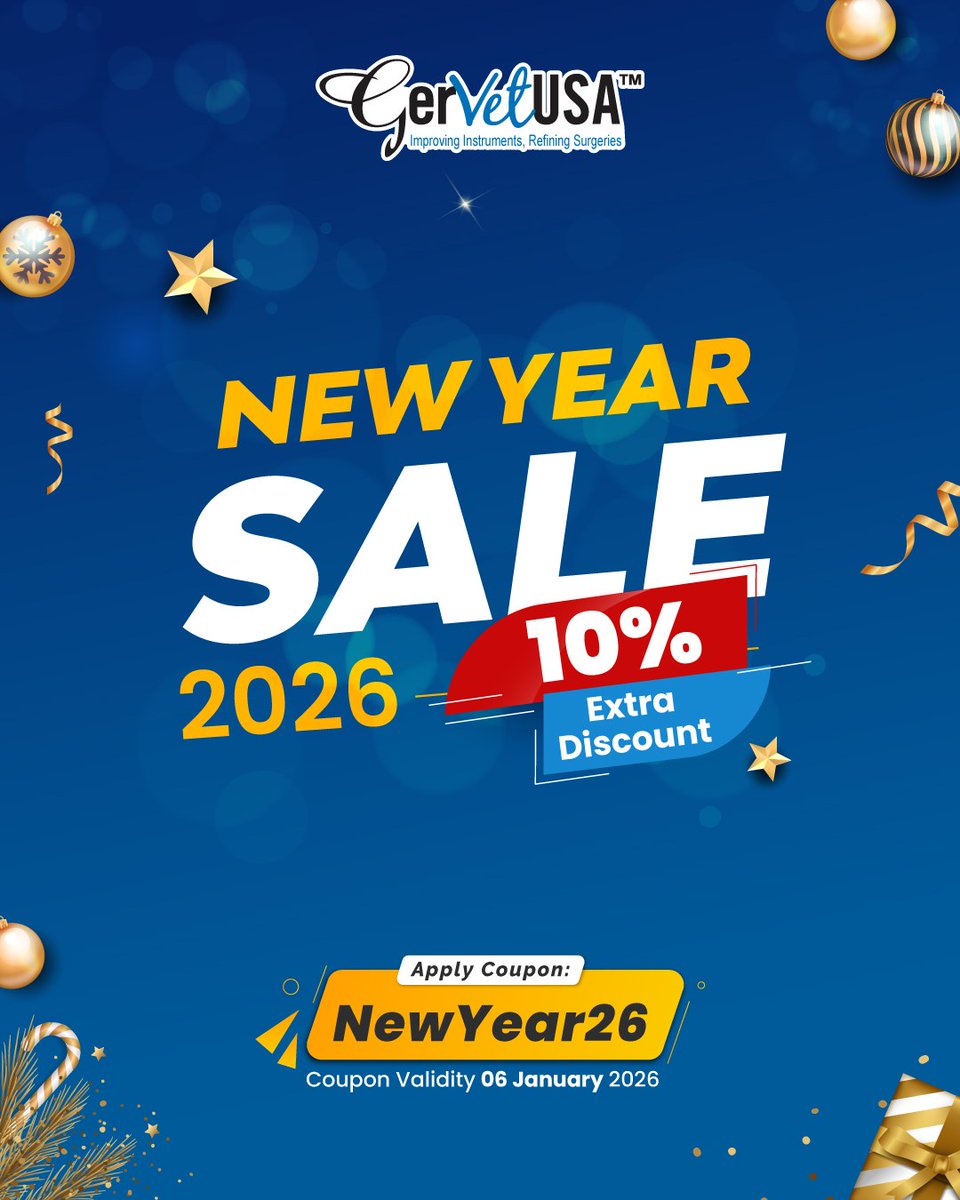 GerVetUSA's tweet image. Kick off 2026 with precision and savings 🥂✨

Upgrade your surgical setup and start the year strong.
Shop now and save big👉 gervetusa.com

#GerVetUSA #NewYearSale #VetInstruments #VeterinarySurgery #VetLife #2026Deals #VetProfessionals #PrecisionYouCanTrust