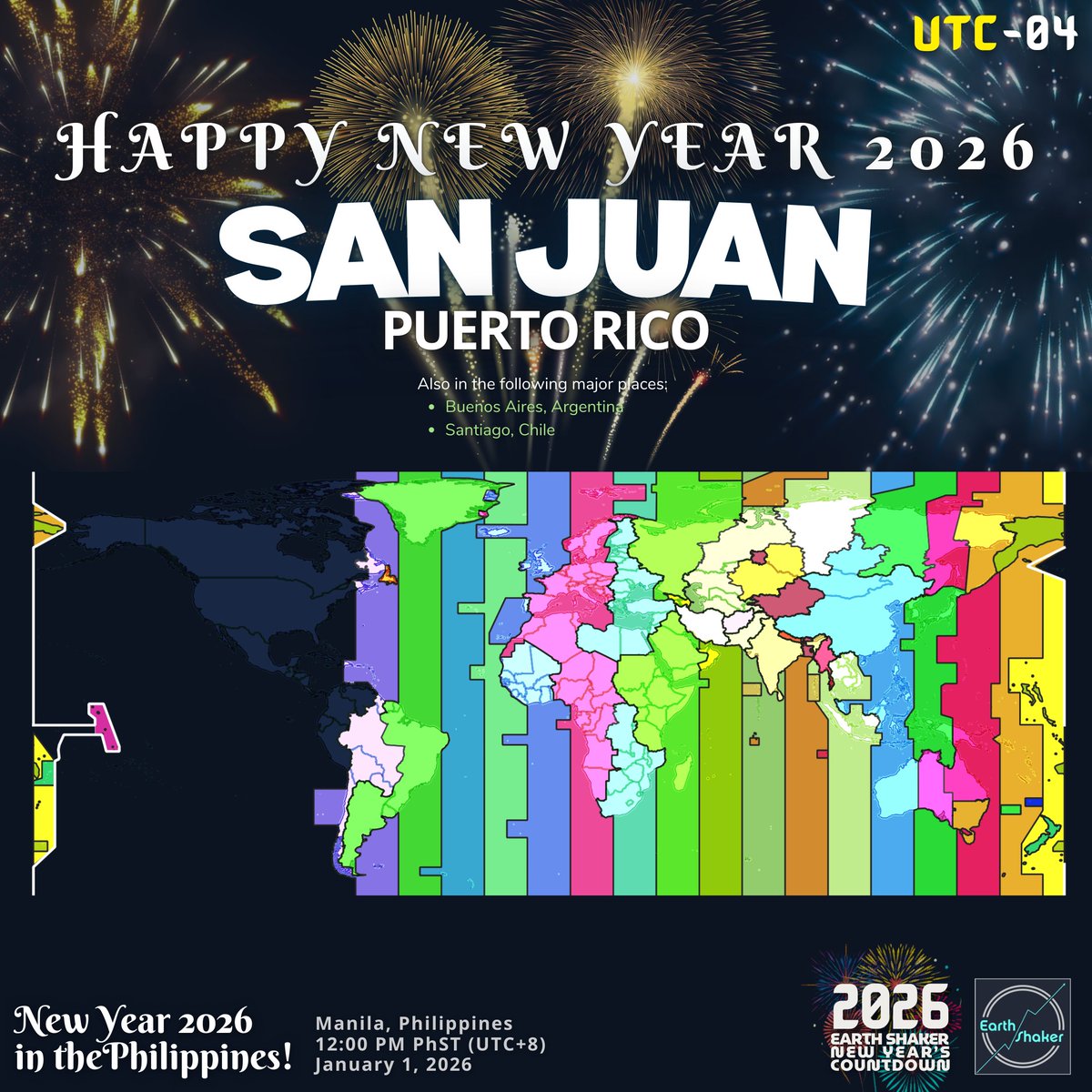 earthshakerph's tweet photo. π΅π· HAPPY NEW YEAR, SAN JUAN (UTCβ4) π
The Caribbean steps into 2026 β¨
Puerto Rico celebrates #NewYear2026 with vibrant festivities and island spirit. π
#EarthShakerCountdown https://t.co/lOucvhaz1i