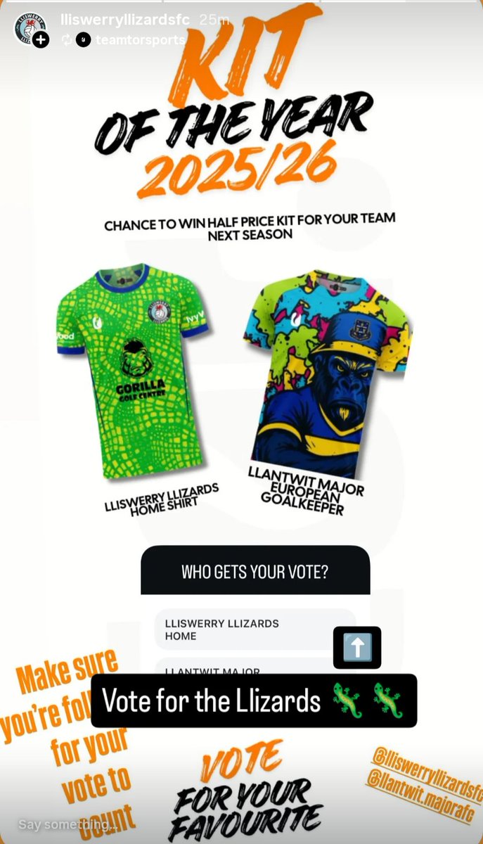 The battle of the Gorilla's 🦍<a href="/CentreGorilla/">Gorilla Golf Centre</a> one final push against our old friends <a href="/LlantwitMajorFC/">CPD Llanilltud Fawr/Llantwit Major AFC</a> 💙🦎
Vote for the Llizards 🦎🦎🦎

instagram.com/stories/teamto…
