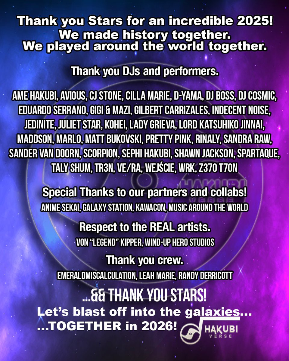 HakubiVerse's tweet photo. Thank you #Stars for an incredible 2025!
We made history together.
We played around the world.

Let’s blast off into the galaxies TOGETHER in 2026! #Recap2025 #HappyNewYear https://t.co/Ty4mXvik7E