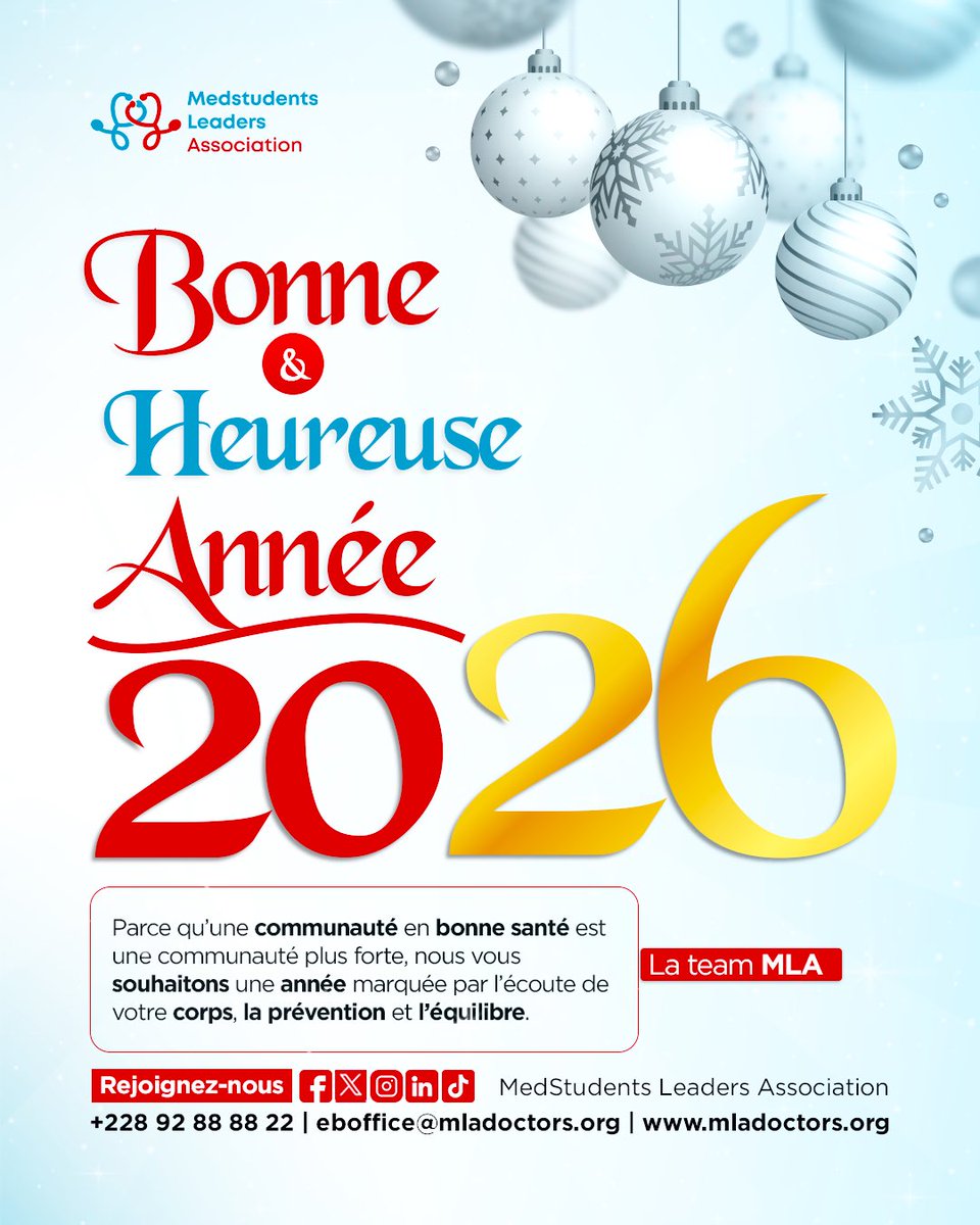 En 2026, continuons à agir ensemble pour la santé de nos communautés 🤍
Merci de faire partie de cette aventure.

#BonneAnnée2026 #MLA #MedLeadersAssociation #Santé #Prévention #Équilibre #Communauté