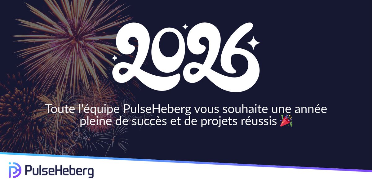pulseheberg's tweet image. 🎉 Bonne année 2026 !

Toute l'équipe PulseHeberg vous souhaite une année pleine de succès, de projets réussis et de belles réalisations.

Merci pour votre confiance en 2025. Nous sommes impatients de continuer à vous accompagner avec nos solutions d'hébergement en 2026 !